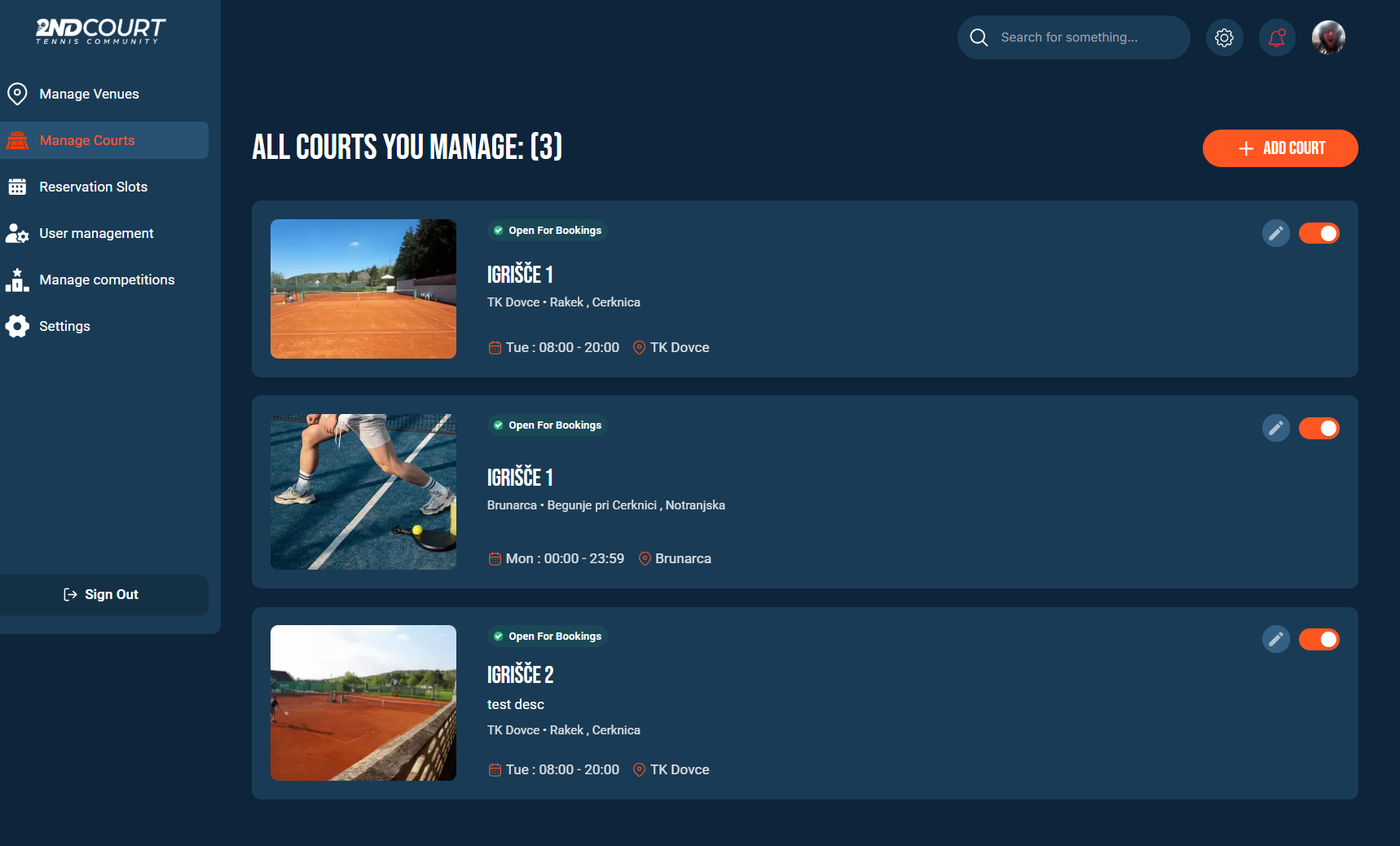 Manage Courts screenshot